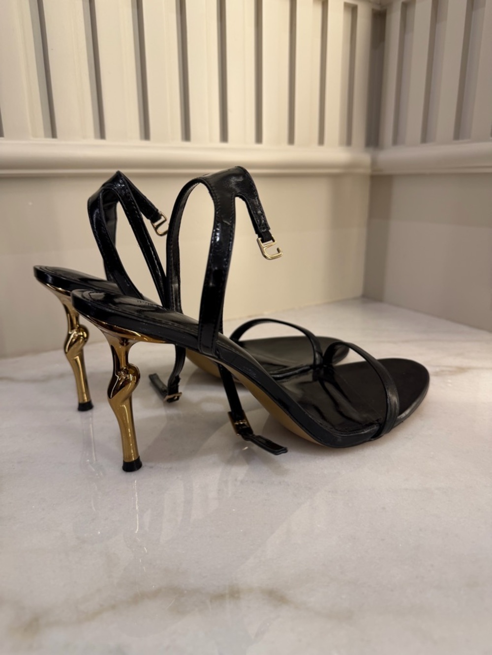 JW PEI Black Patent Strappy Sandal with Gold Stiletto Heel - Picture 4 of 5